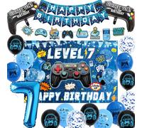 7th Birthday Decorations Banner Set - Blue Gaming Theme Balloons Kit with Hanging Swirls, Happy Birthday Backdrop Banners and Foil Balloons for Boys 7 Years Old Party Supplies
