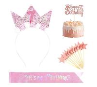 7th Birthday Decorations, Birthday Crown Sash Insert and Star Inserts, Decorations in Head Gifts Party Accessories for Girls (Pink)