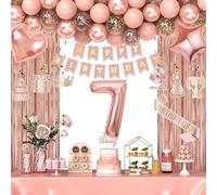 7th Birthday Decorations for Girls, Happy 7 Birthday Decorations for Her, Rose Gold Birthday Party Supplies with Banner, Number Balloons, Fringe Curtains, Hanging Swirls
