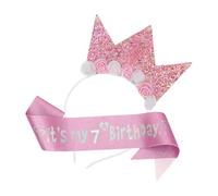 7th Birthday Decorations for Girls, Headband & Glitter Sash Set with Flower Princess Crown for 7-Year-Old Birthday Party, Pink Glitter Tiara Hair Band and Sash Outfit (Number 7)