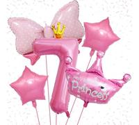 7th Birthday Decorations for Girls - Pink Number 7 Balloon Set With 40 Inch Crown and Bow Foil Balloons for Baby Girl Daughter Party