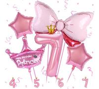 7th Birthday Decorations for Girls - Princess Crown Balloon Set with Pink Number 7 Foil Balloons and Pink Bows for Baby Girls' Birthday Party or Shower