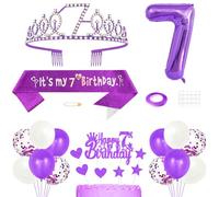 7th Birthday Decorations for Girls, Princess Crown Queen Tiara, It's My 7th Birthday Sash, 7 Year old Cake Topper, Number Balloons Set for Party Supplies, Purple