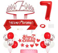 7th Birthday Decorations for Girls, Princess Crown Queen Tiara, It's My 7th Birthday Sash, 7 Year old Cake Topper, Number Balloons Set for Party Supplies, Red