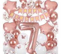 7th Birthday Decorations for Girls, Rose Gold 40 Inch Age 7 Foil Balloons with Happy Birthday Banner and Butterfly Stickers, for Baby Shower, Girls Women Party Decorations
