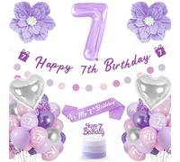 7th Birthday Decorations Girls, 7th Birthday Banner, Purple Fantasy Party Set Includes Number 7 Balloon, Sash, Cake Topper, Banner, Purple Flower, Party Decorations for 7 Years Girls