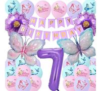 7th Birthday Decorations Girls Butterfly Balloons - 30 Pcs Purple Number 7, Butterfly & Flower Foil Balloon Set, Birthday Party Supplies for 7 Year Old