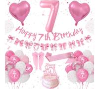 7th Birthday Decorations Girls, Pink Birthday Decoration Set Happy 7th Birthday Banner Bunting, Bow Pink White Balloons, Number 7 Heart Foilballoons, Hair Clips, Sash, Pink Bow Party Deco 7 Girls