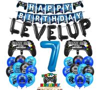 7th Birthday Gamer Balloons: Number 7 Foil Balloons, Happy Birthday Banner, Boys Game Party Decoration