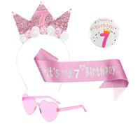 7th Birthday Girl Headband 4PCS Birthday Girl Decorations Set with Flower Princess Crown Hairband Glitter Sash, Badge and Glasses Birthday Girl Outfit Hair Band Decorations for Princess Party Decor