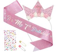 7th Birthday Girl Headband Decorations, Birthday Decoration for Girls Glitter Sash and Tiara, Birthday Girl Sash, Pink Flower Princess Crown Headband mit Rhinestone Stickers, for Outfit Accessories