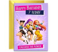 7th Birthday K-Pop Girls Birthday Card, Kpop Colourful Popstar Unleash the Power Design, Verse Inside for Girl 7th Birthdays 7th Daughter, Friend or Sister, A5 Size Card with Gold Envelope