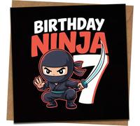 7th Birthday Ninja Card for Boys - 145mm x 145mm Square Kids Greeting Card with Kraft Envelope, Cute Ninja Design, Funny Birthday Card for Son, Grandson, Nephew