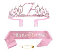 7th Birthday Sash and Tiara Crown Pink Crystal Birthday Crown Set Pink Birthday Crown Sash Decoration Birthday Crown for Girls Women Birthday Party Accessories Birthday Decoration 7 (CQ-CR-F7YD)
