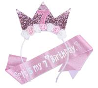 7th Birthday Sash & Crown for Girls, Glitter Princess Sash Hairband Set, 2 PCS Birthday's Decorations for Girls, Pink Flower Headband Birthday Party Decorations for Children