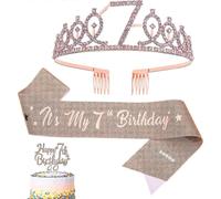 7th Birthday Sash, Tiara & Cake Topper Set - Pink Rhinestone Crown