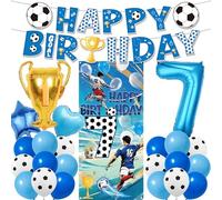 7th Birthday Soccer Party Decorations - 24 Pcs Blue Football Theme Happy Birthday Banner Backdrop Number 7 Trophy Star Heart Foil Balloons Set for Boys 7 Years Old Soccer Sports Party Decor Supplies