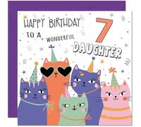 7th Daughter Birthday Card - Childrens Cute Cat Daughters Birthday Card for 7 Year old Kids seven, seventh