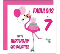 7th God Daughter Birthday Card - Fabulous Flamingo - Pink Cute God-Daughters Birthday Card for 7 Year old Kids seven, seventh