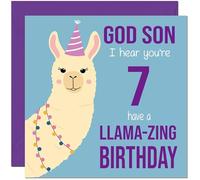 7th God Son Llama Birthday Card - Llamazing - Funny Llama God-Sons Birthday Card for 7 Year old Kids seven, seventh