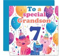7th Grandson Birthday Card - Cute Cats Special Grandson - Happy 7th Birthday Card from Nanny Grandma Grandad, 145mm Age 7 Greeting Cards