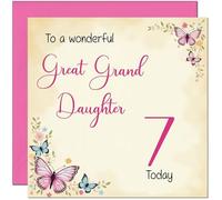 7th Great Granddaughter Birthday Card - Beautiful Butterfly Floral Birthday Card for 7 Year old Kids seven, seventh