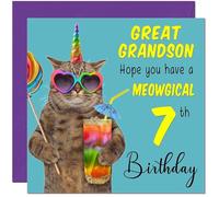 7th Great Grandson Birthday Card - Meowgical Cat Funny Birthday Card for 7 Year old Kids seven, seventh