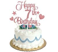 7th Happy Birthday Cake Topper Rose Gold Glitter,Personalised Cake Toppers for Men Boys Women Girls Birthday Party Cake Decorations Kit with Star Heart Cupcake Topper