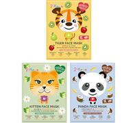 7th Heaven Animal Sheet Face Mask Multipack for Kids & Teens, 3 Hydrating Gentle Prints for Sensitive Skin, Tiger Kitten Panda Pamper Gift Set for Sleepovers, Party Bags & Fun Skincare Treats