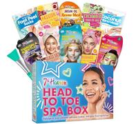 7th Heaven Head to Toe Spa Gift Set with 3 peel off face masks, 1 sheet mask, 1 mud mask, 1 hair mask, under eye patches, hand masks, foot peel socks and a teal spatula for pampering