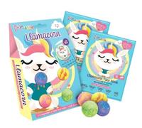 7th Heaven Llamacorn Kids Bath Set Age 12+ with 2 biodegradable printed sheet masks and 4 fizzers. Soothing coconut and papaya face masks for sensitive skin, plus fun bath-time fizzers. - Contains