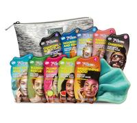 7th Heaven Pamper & Party Face Mask Gift Set, 10 cream and peel-off masks with a silver makeup bag and cleansing cloth, for all skin types. Cleanses and hydrates skin for a pampering treat. - Pack