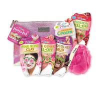 7th Heaven Pretty in Pink Face Mask Gift Set - Skincare Set with 5 x Face Masks, Exfoliating Body Puff & Cosmetic Bag - Mud Mask, Clay Mask, Cream Mask & 2 x Peel Off Face Masks
