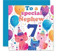 7th Nephew Birthday Card - Cute Cats Special Nephew - Happy 7th Birthday Card from Auntie Uncle, 145mm Age 7 Greeting Cards