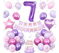 7th Pink Purple Birthday Decorations,Pink Purple 7th Balloons for Girls Lavender Party Decor Birthday Banner Number 7 Balloons Cake Topper Butterfly Party Decorations for 7 Year Old Girls