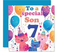 7th Son Birthday Card - Cute Cats Special Son - Happy 7th Birthday Card from Mum Dad, 145mm Age 7 Greeting Cards