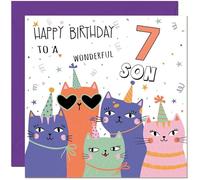 7th Son Birthday Cards - Childrens Cute Cat Sons Birthday Card for 7 Year old Kids seven, seventh