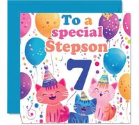 7th Step Son Birthday Card - Cute Cats Special Step Son - Happy 7th Birthday Card from Mum Dad, 145mm Age 7 Greeting Cards