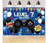 7th Video Game Backdrop, 1.8x1.2m Large Banner for Boy Level Up 7th Video Game Birthday Decorations Gaming Background Photo Props Blue Game Party Supplies for Boys Birthday