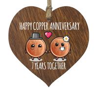 7th Wedding Anniversary Plaque Gift for Husband Wife - 7 Years Together - Happy Copper Anniversary Wooden Heart for Women Men Partner, Dark Wood Sign Keepsake Gifts