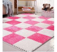 7UIYgtyO LNNNW Plush interlocking carpet Mat Interlocking Plush Square Floor Mat, 30PCS, Plush Jigsaw Foam Carpet, Non-Slip Carpet, Sports Floor Mats(Rose Red+White)