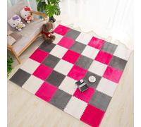 7UIYgtyO LNNNW Plush interlocking carpet Mat Interlocking Rugs, Soft Squares, Foam Plush Patchwork Rugs, Non-slip Washable, Climbing Mats(Beige+Gray+Rose Red,12pcs)