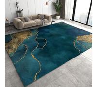 7x10 Large Area Rugs Teal and Gold Marble Area Rugs for Living Room, Vintage Gold Foil Turquoise Modern Rug with Double Sided Carpet Tape for Bedroom Men Room Decor
