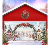 7X16ft Merry Christmas Cane Candy Garage Door Decorations Backdrop Winter Wonderland Snow Scene Xmas Tree Christmas Holiday New Year Xmas Eve Family Party Garage Door Decorations Cover