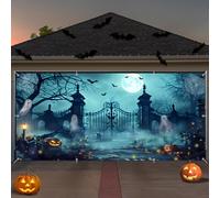 7x16ft Spooky Halloween Garage Backdrop - Cemetery Graveyard Ghost Banner for Outdoor Decor