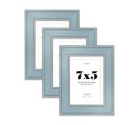 7x5" Cornflower Blue Picture Frame with 6x4" Mount - Shabby Chic Photo Frame with Distressed Finish, Gold Trim, Wall Hooks and Kickstand, 37mm Edge - 3 Pack
