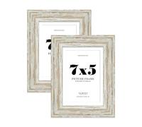 7x5" Distressed White Oak Picture Frame with 6x4" Mount - Aged Photo Frame with Distressed Finish, Wall Hooks and Kickstand, 32mm Edge - 2 Pack