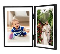 7x5 Double Photo Frame, Hinged Folding Wood Picture Frame with Glass Front Stand Vertically on Desktop or Tabletop (7x5 BiFold Black)
