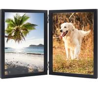7x5 Inch Hinged Folding Picture Frame - Black Double Wooden Photo Frame, Sturdy Tabletop Display for Desk or Shelf, Vertical Stand, Glass Front