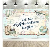 7x5ft Adventure Awaits Backdrop, Let The Adventure Begin World Map Global Travel Airplane Photography Background for Baby Shower, Birthday, Bridal Shower Party Decorations Banner Photo Booth Props